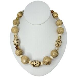 Tan Chunky African Safari Beaded Necklace 20" Boho Chic Bohemian